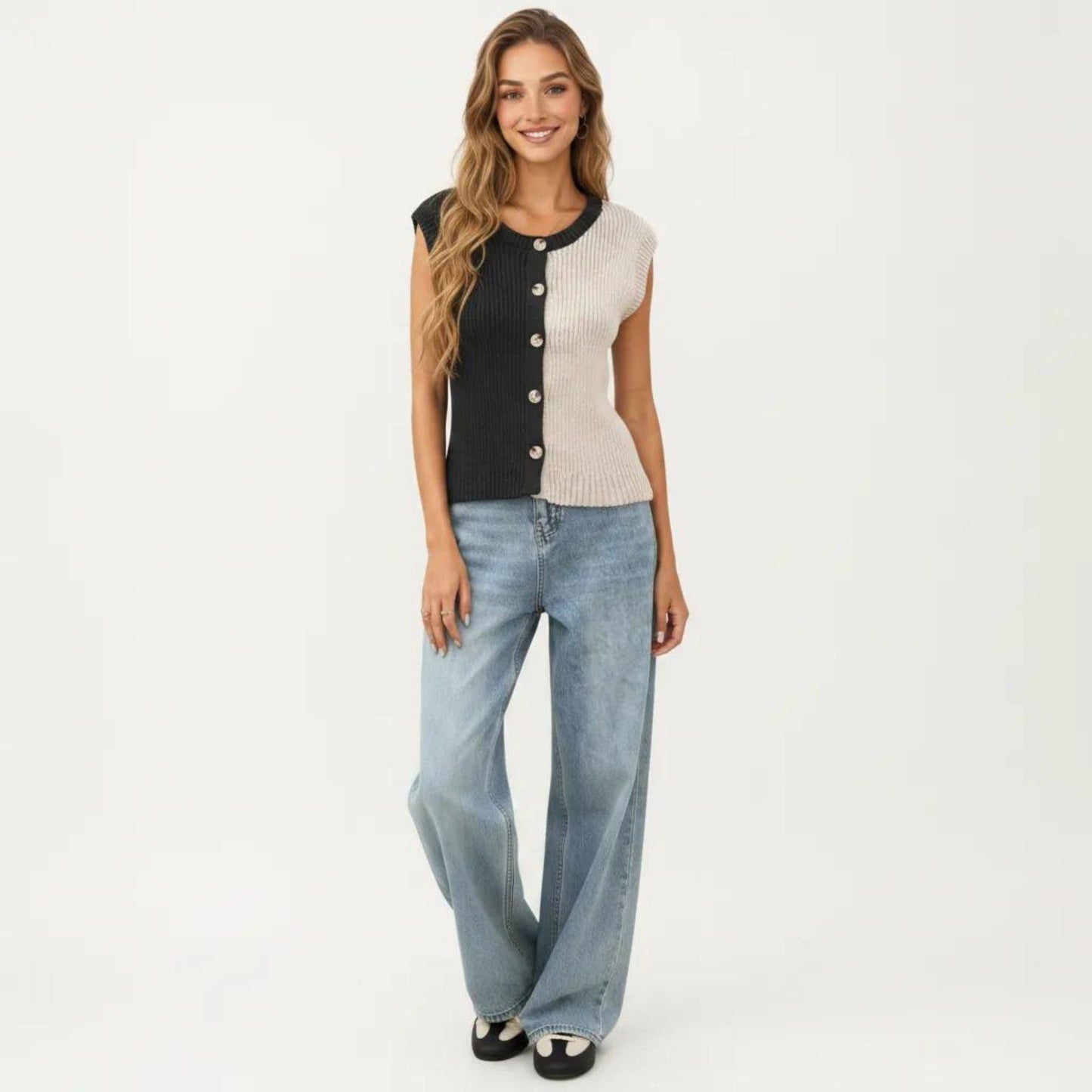 Sleeveless Colorblock Knit Vest with Button Front and Ribbed Trim