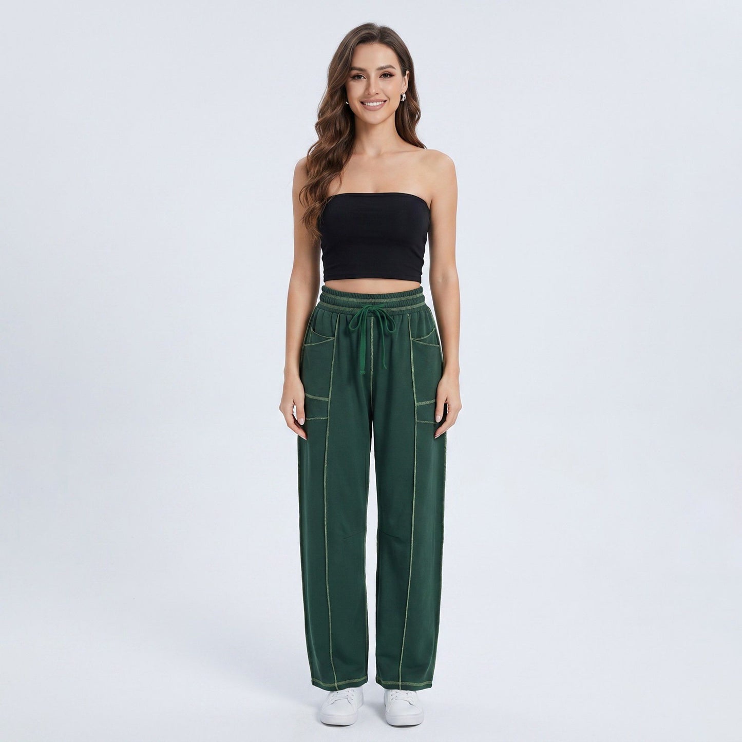 High Rise Drawstring Wide Leg Utility Pants with Patch Pockets