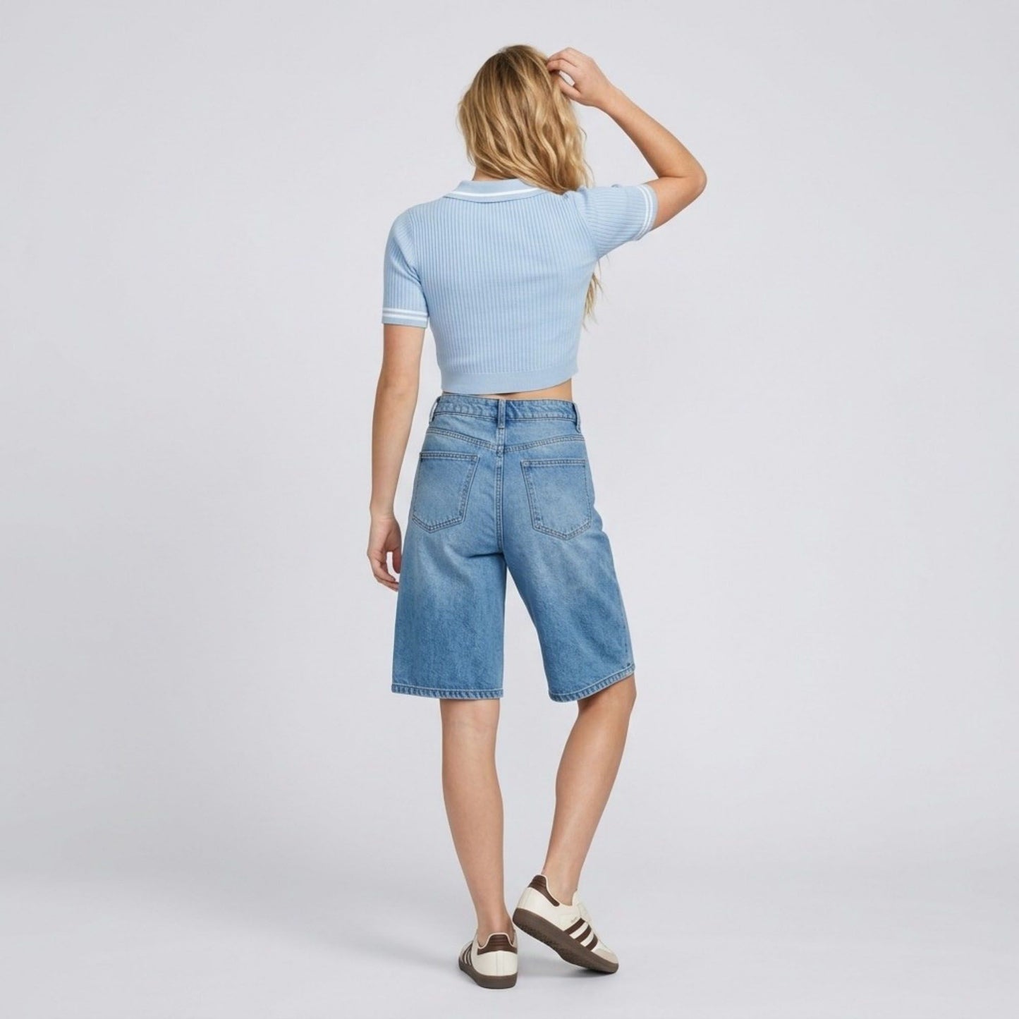 High-Waisted Denim Bermuda Shorts