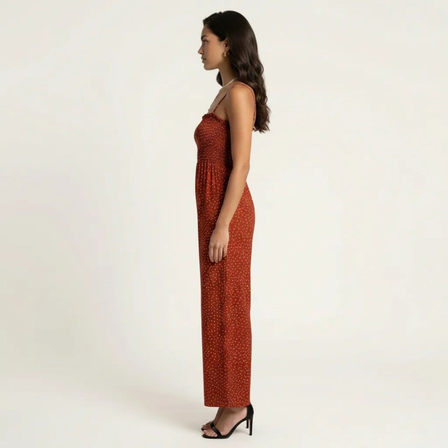 Sleeveless Polka Dot Wide Leg Jumpsuit with Spaghetti Straps Smocked Bodice Relaxed Fit