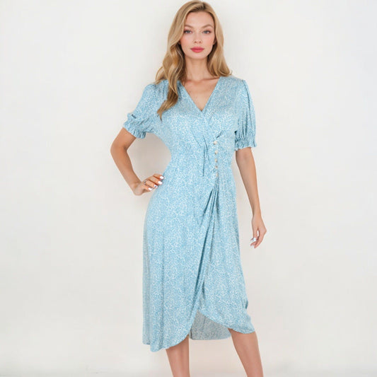 Short Sleeve Wrap Dress With Button Detail And V-Neckline