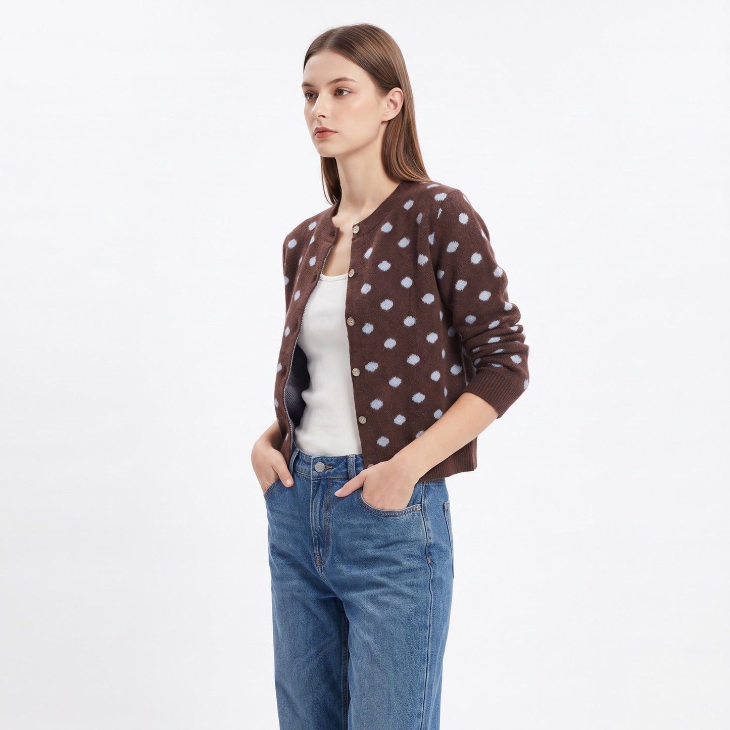 Polka Dot Crewneck Button Front Cardigan Sweater