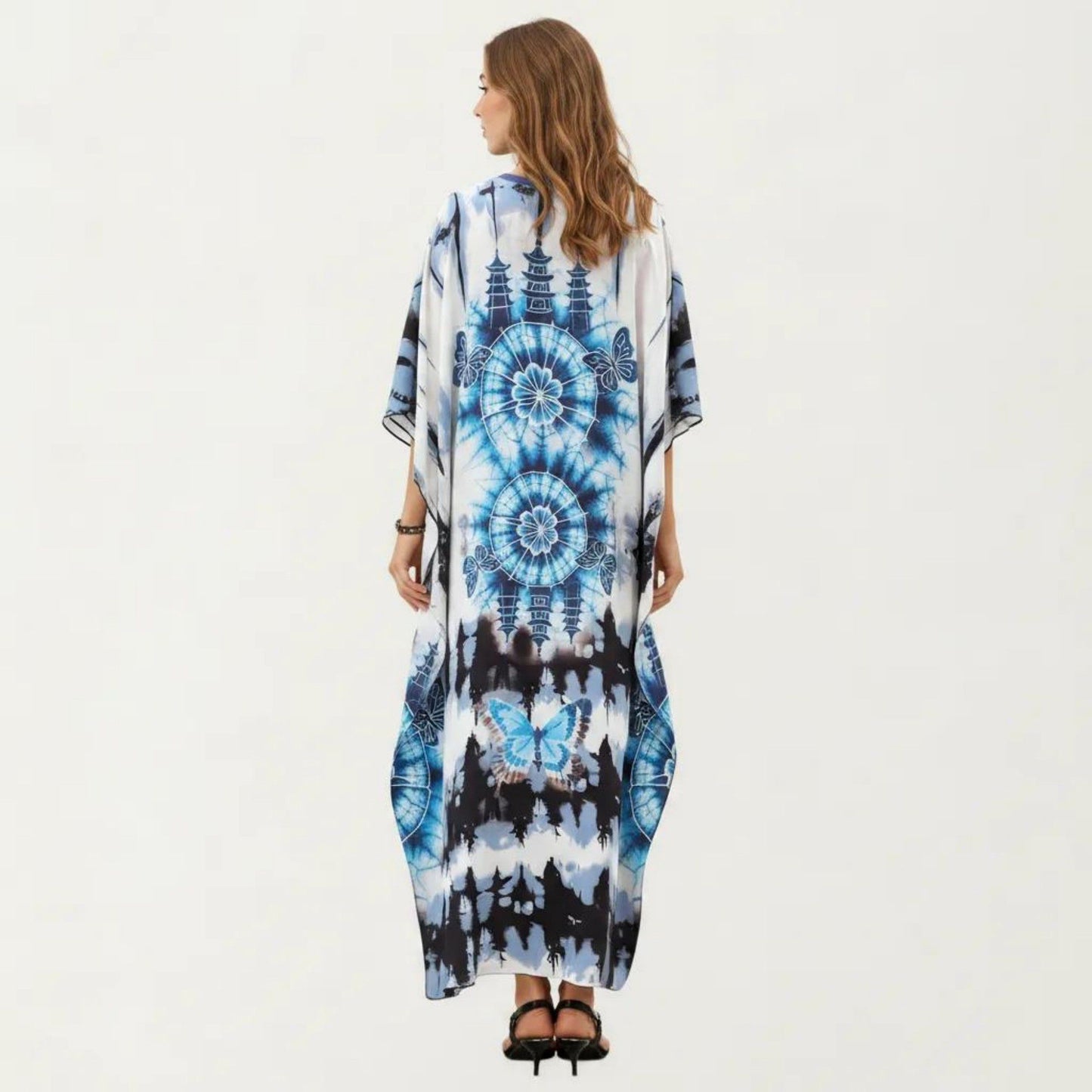 Tie Dye Medallion Kaftan Maxi Dress with V-Neckline and Relaxed Flowy Silhouette