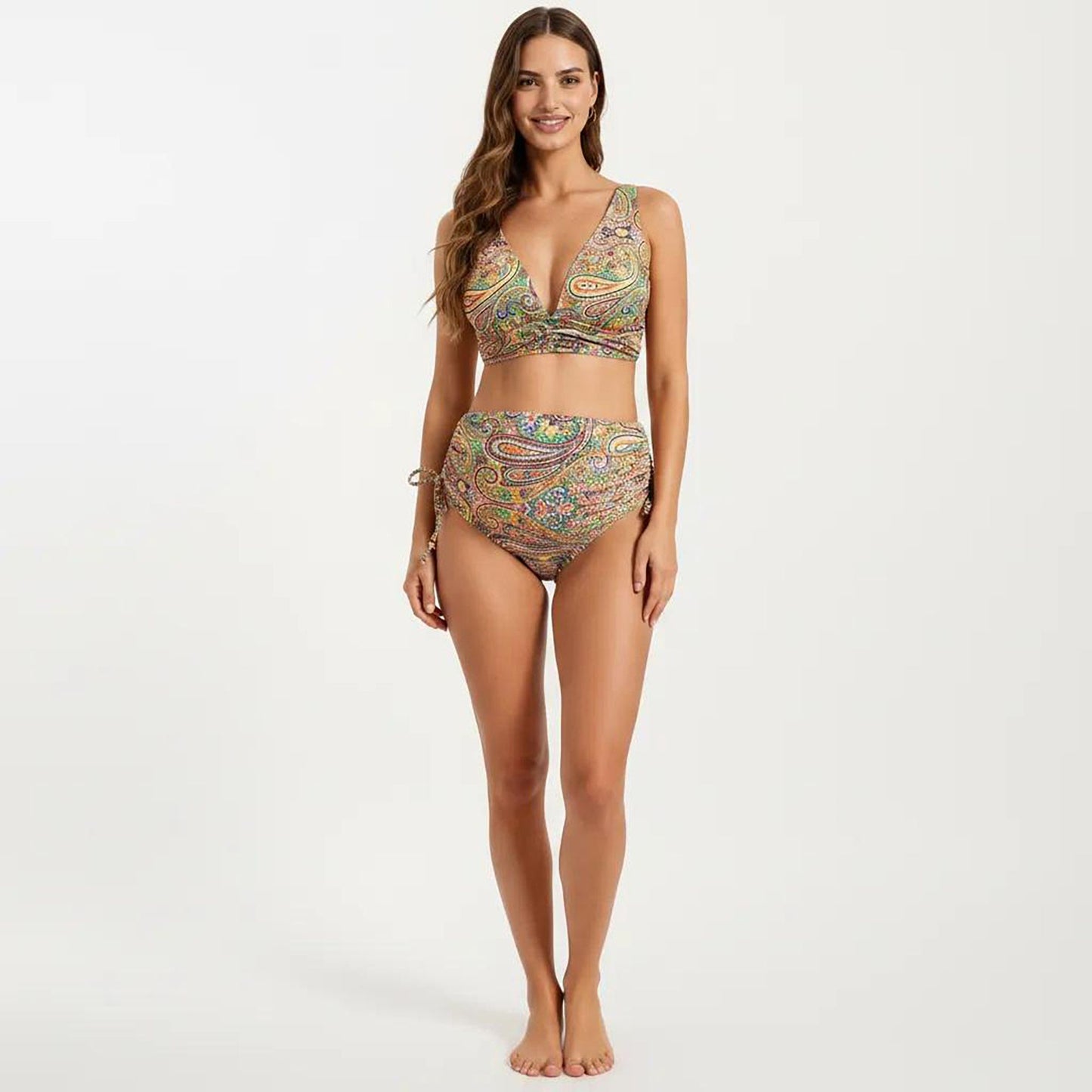 Paisley Print Maternity Bikini Set with Adjustable Side Ties and V-Neck Design