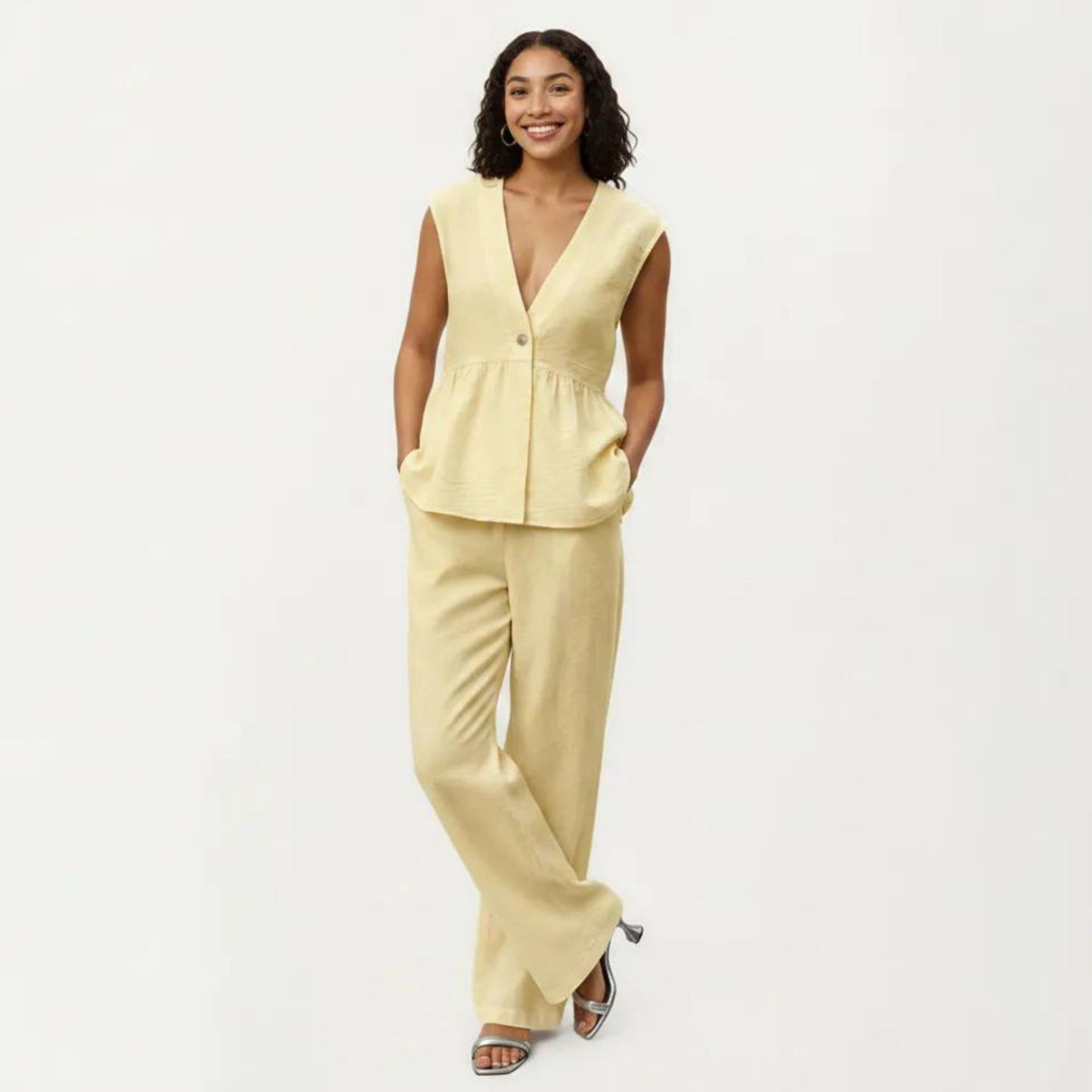 2-Piece Sleeveless V-Neck Peplum Top and Wide Leg Pant Set