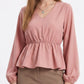 V Neck Long Sleeve Peplum Blouse Elastic Waist Casual Dressy Top