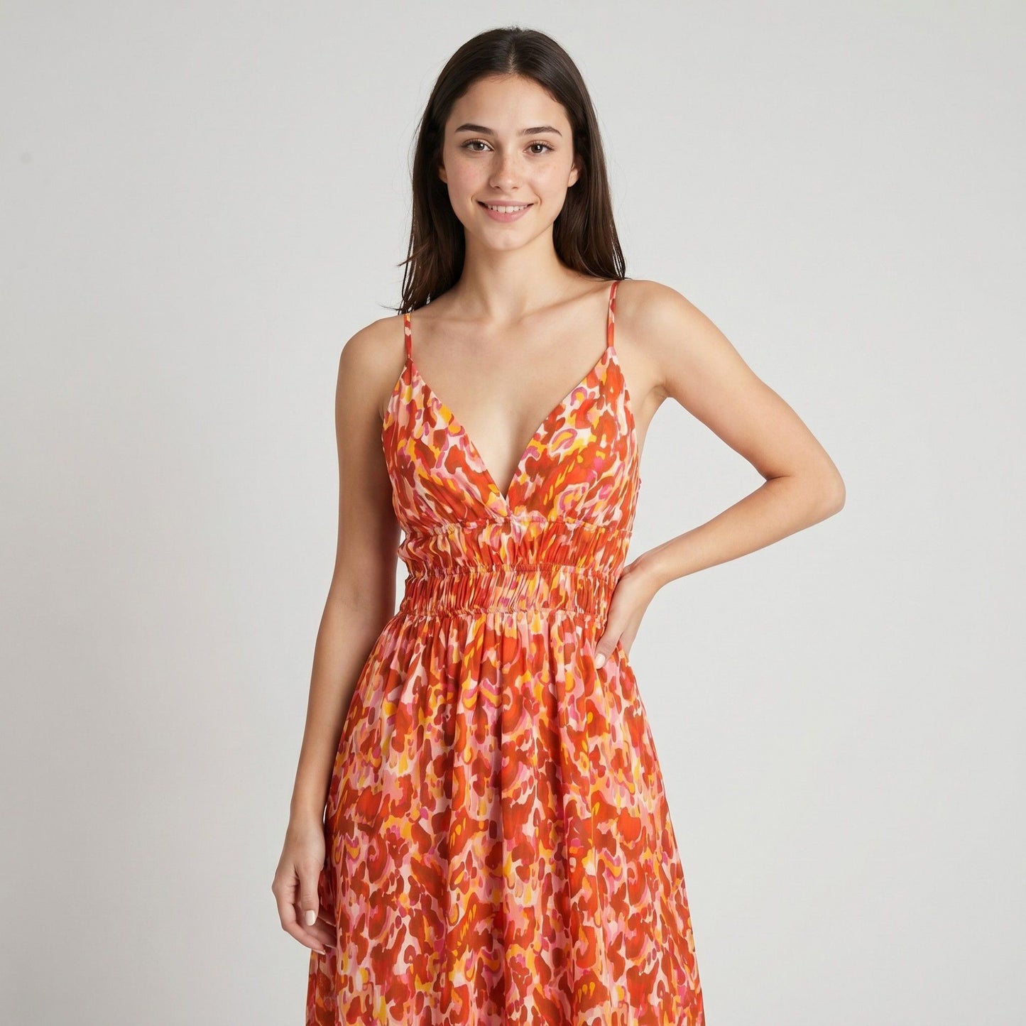 Abstract Floral Print Smocked Waist Spaghetti Strap V-Neck Maxi Dress with Surplice Bodice and Flowy Skirt