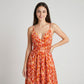 Abstract Floral Print Smocked Waist Spaghetti Strap V-Neck Maxi Dress with Surplice Bodice and Flowy Skirt