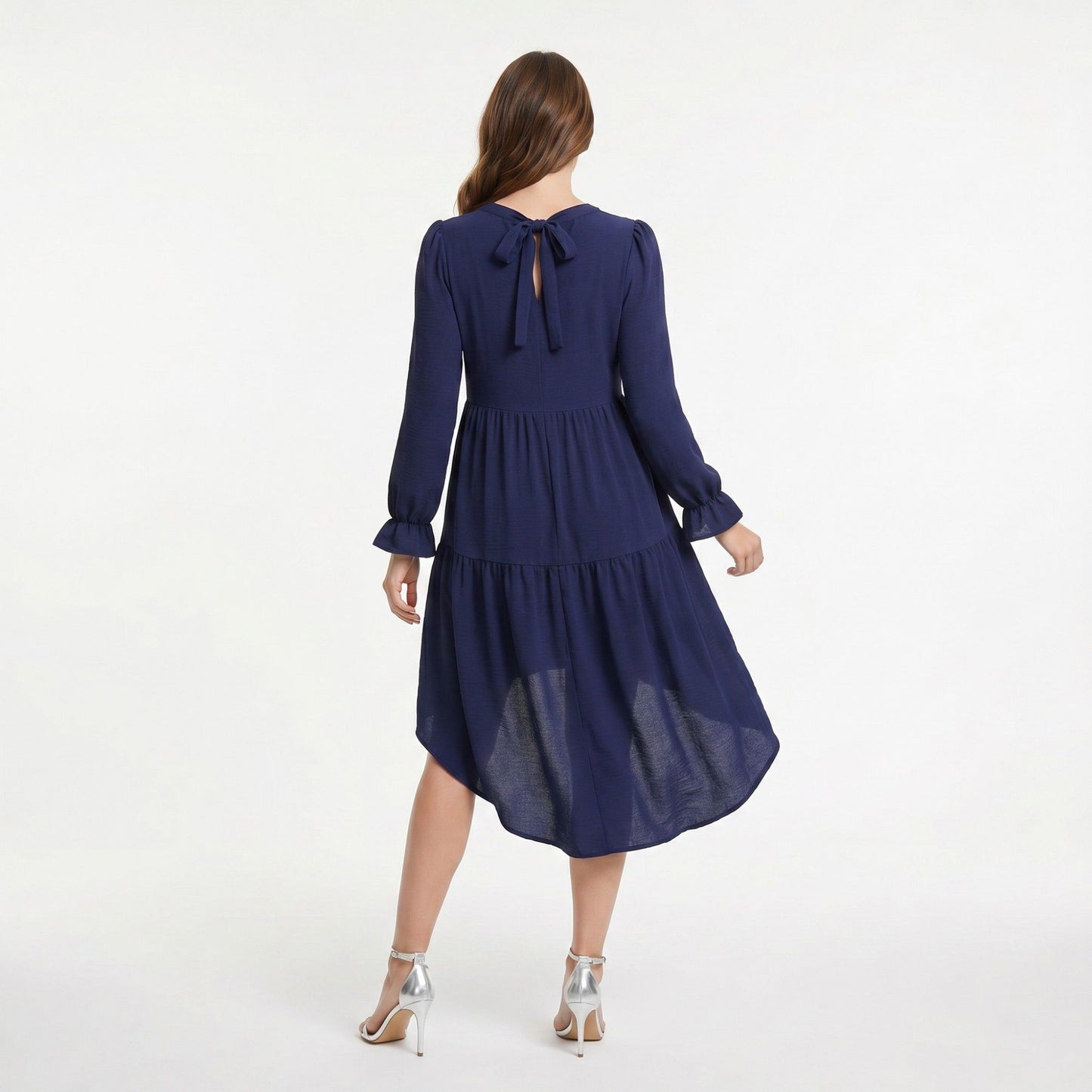 Maternity V Neck High Low Mini Dress with Long Sleeves and Tiered Hem