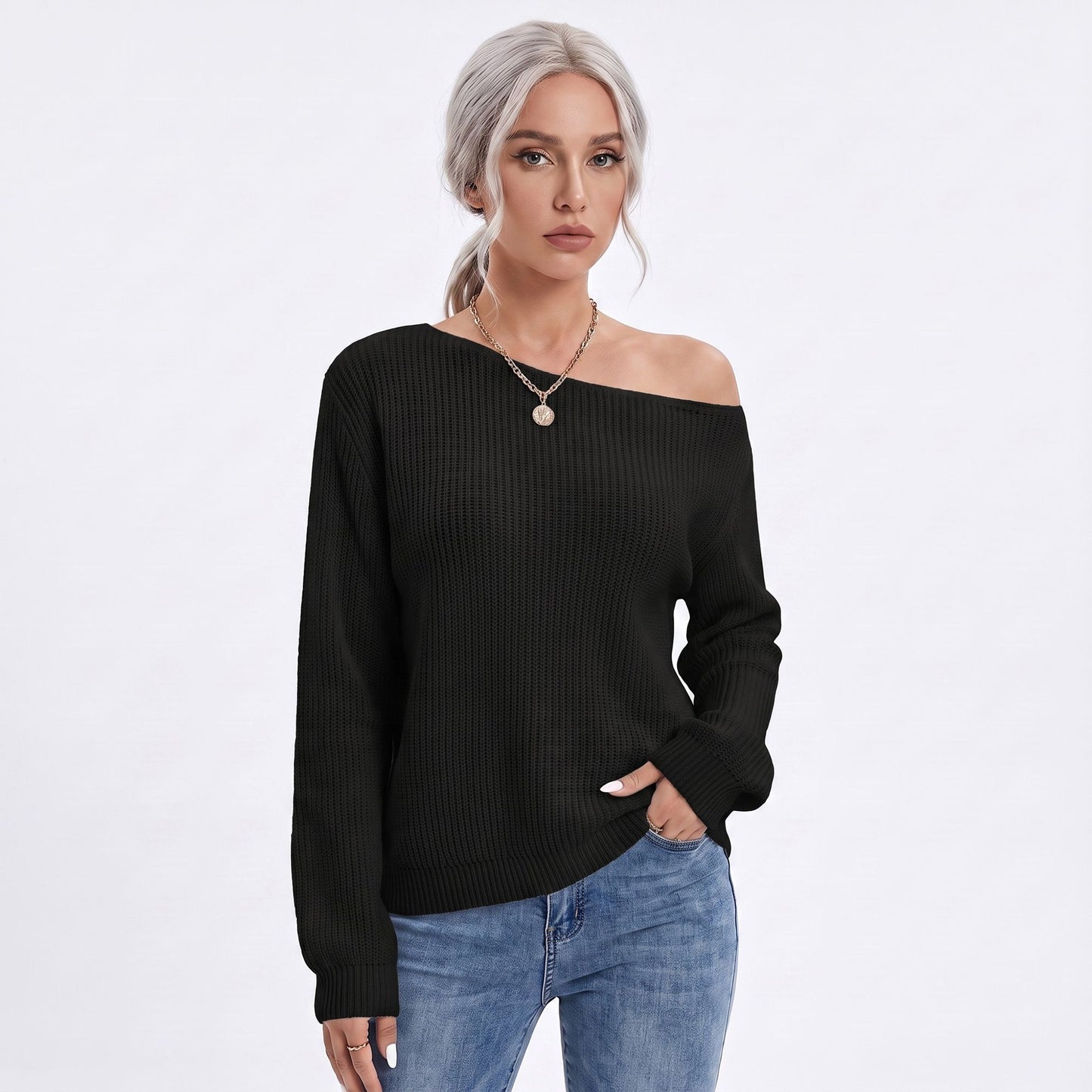 Oversized Off Shoulder Long Sleeve Knit Pullover Sweater