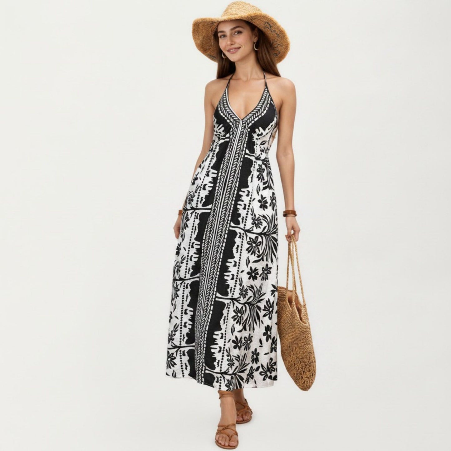 Halter Neck Maxi Dress with Open Back Tie Design Flowy Printed Long Dress