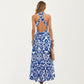 Mediterranean Tile Print Halter Maxi Dress with Criss-Cross Back