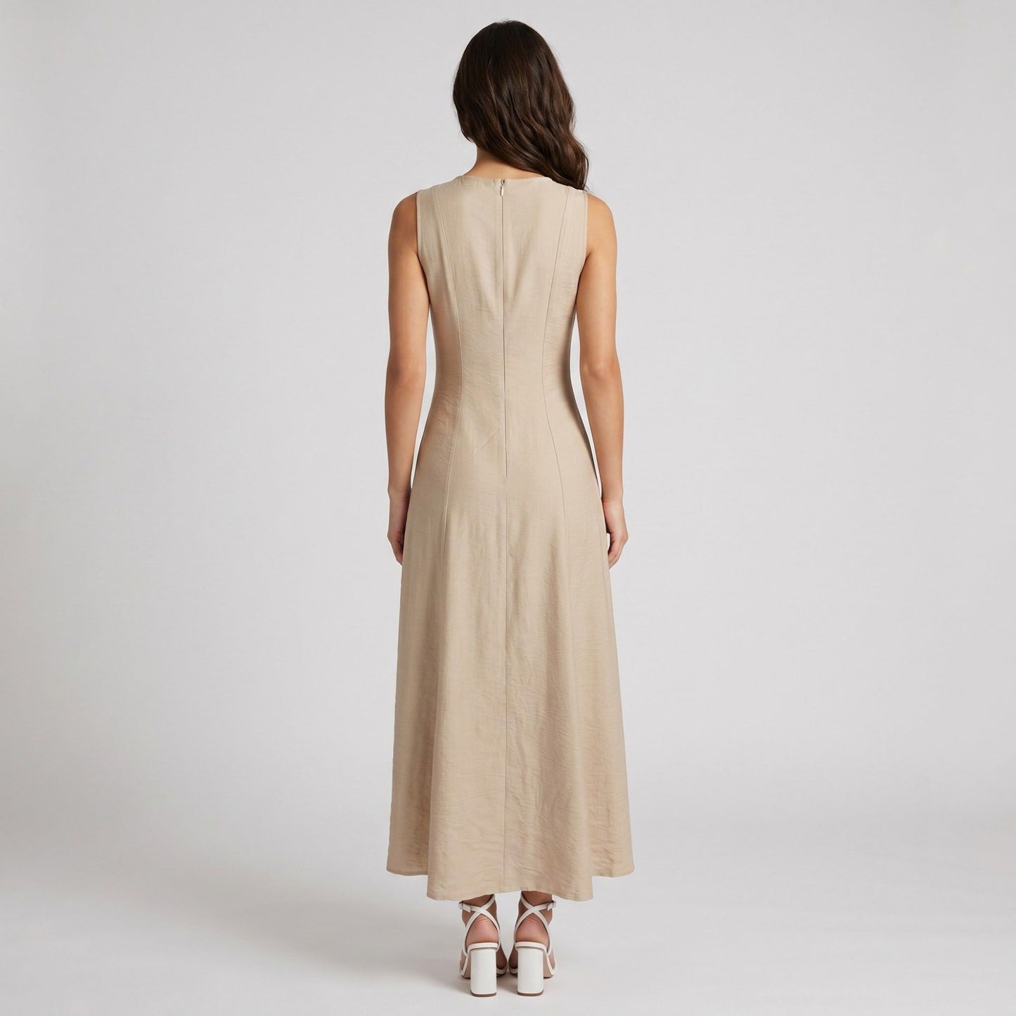 Sleeveless Round Neck Panel Seam Maxi Dress with Fitted Bodice Flowy A-Line Skirt and Soft Woven Drape
