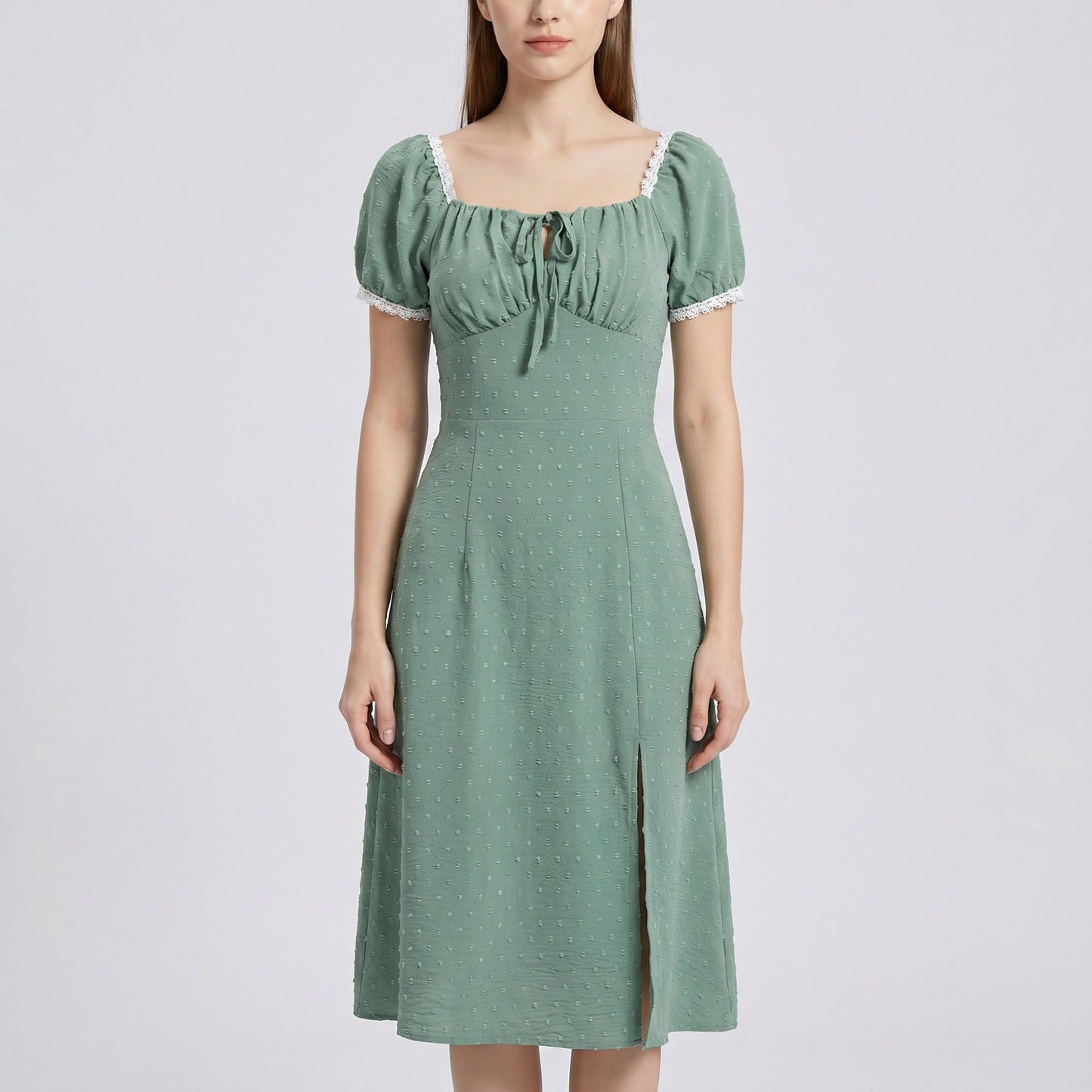 Swiss Dot Puff Sleeve Midi Dress with Lace Trim Square Neckline Tie Front Detail Front Slit and Fitted Bodice