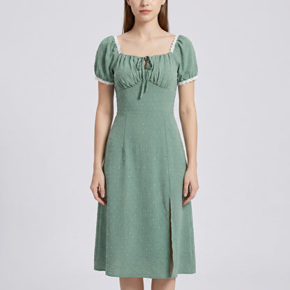 Swiss Dot Puff Sleeve Midi Dress with Lace Trim Square Neckline Tie Front Detail Front Slit and Fitted Bodice