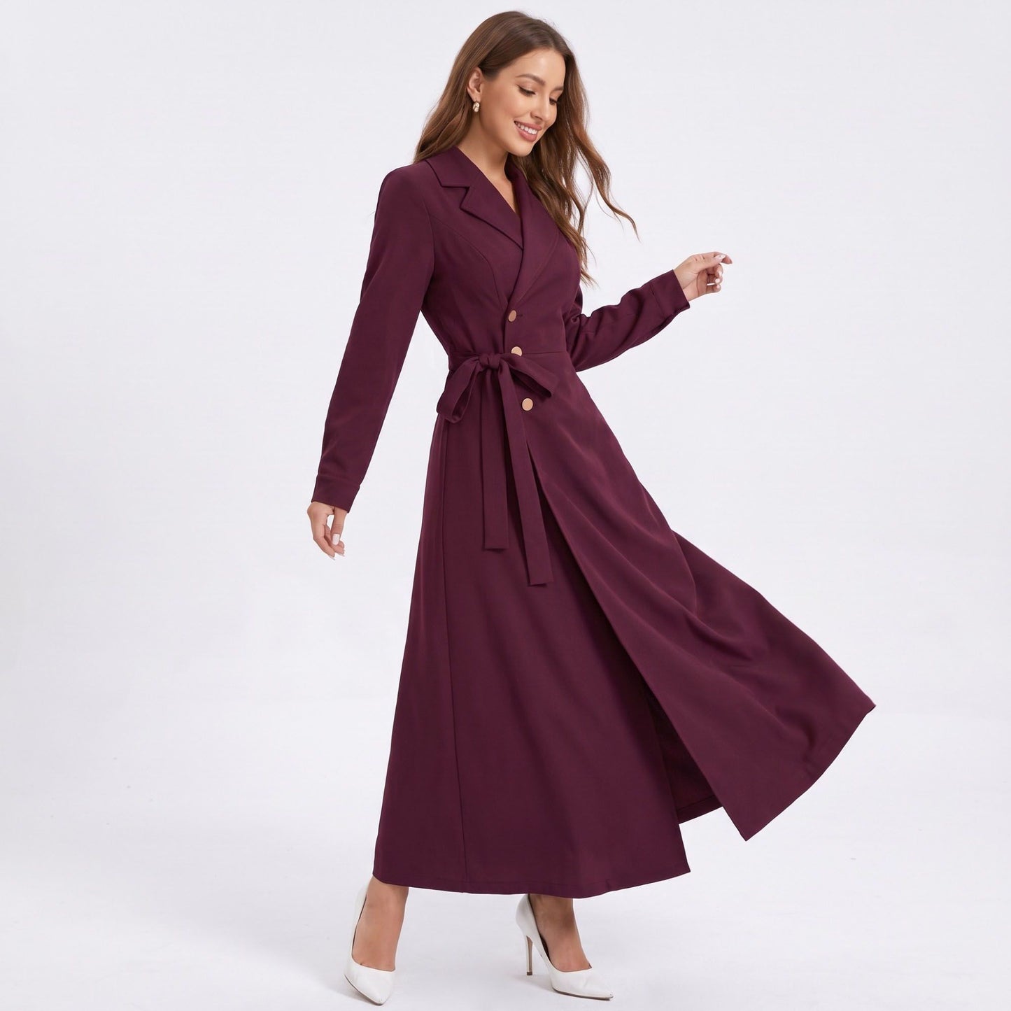 Long Sleeve Belted Trench Coat with Notched Lapels and Button Front