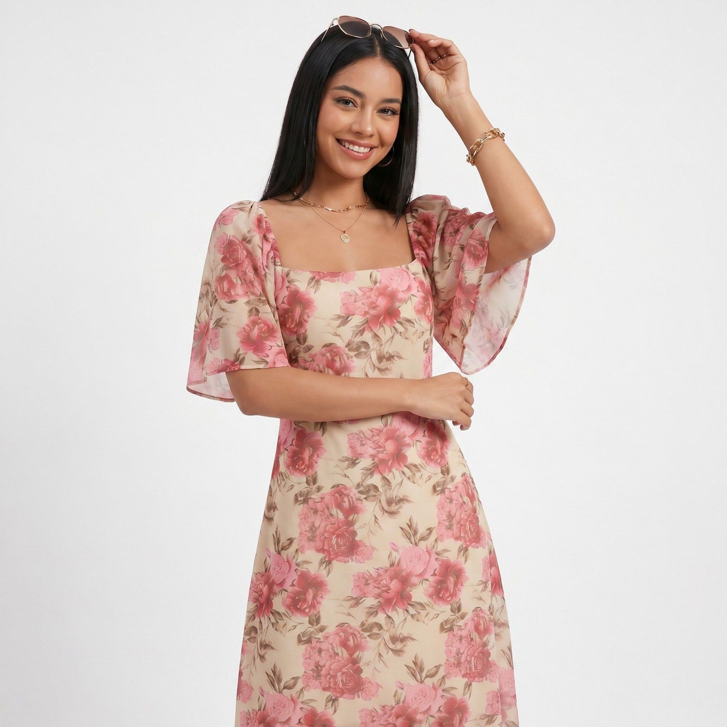 Floral Midi Dress Square Neck Flutter Sleeve Ruffle Hem Dress