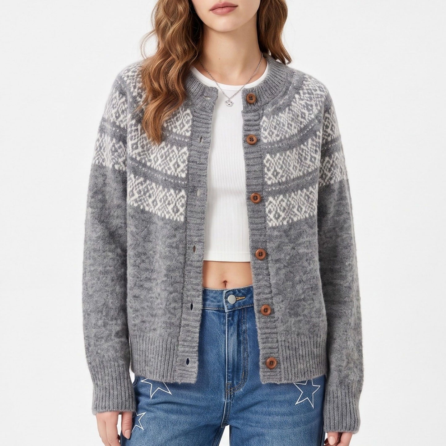Fair Isle Button Front Crew Neck Cardigan