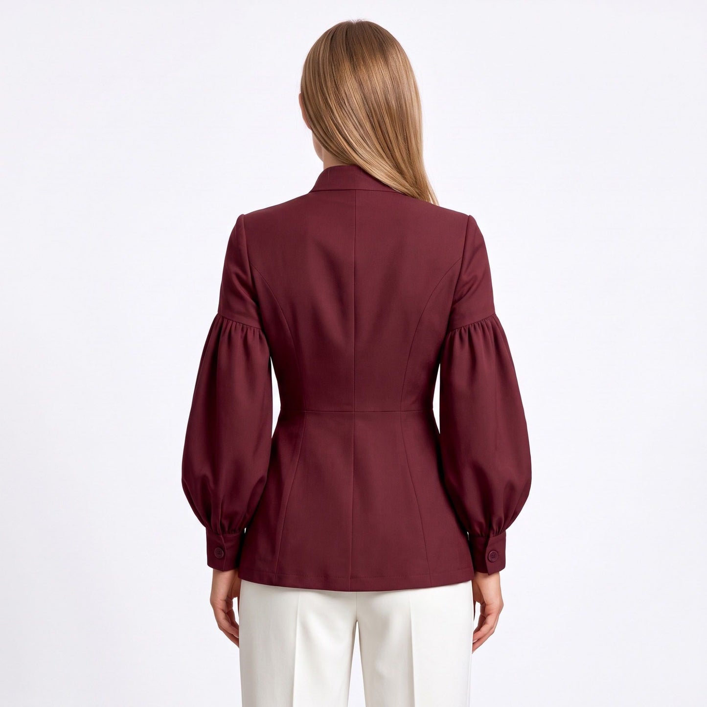 Puff Sleeve Peplum Blazer with Stand Collar and Button Front