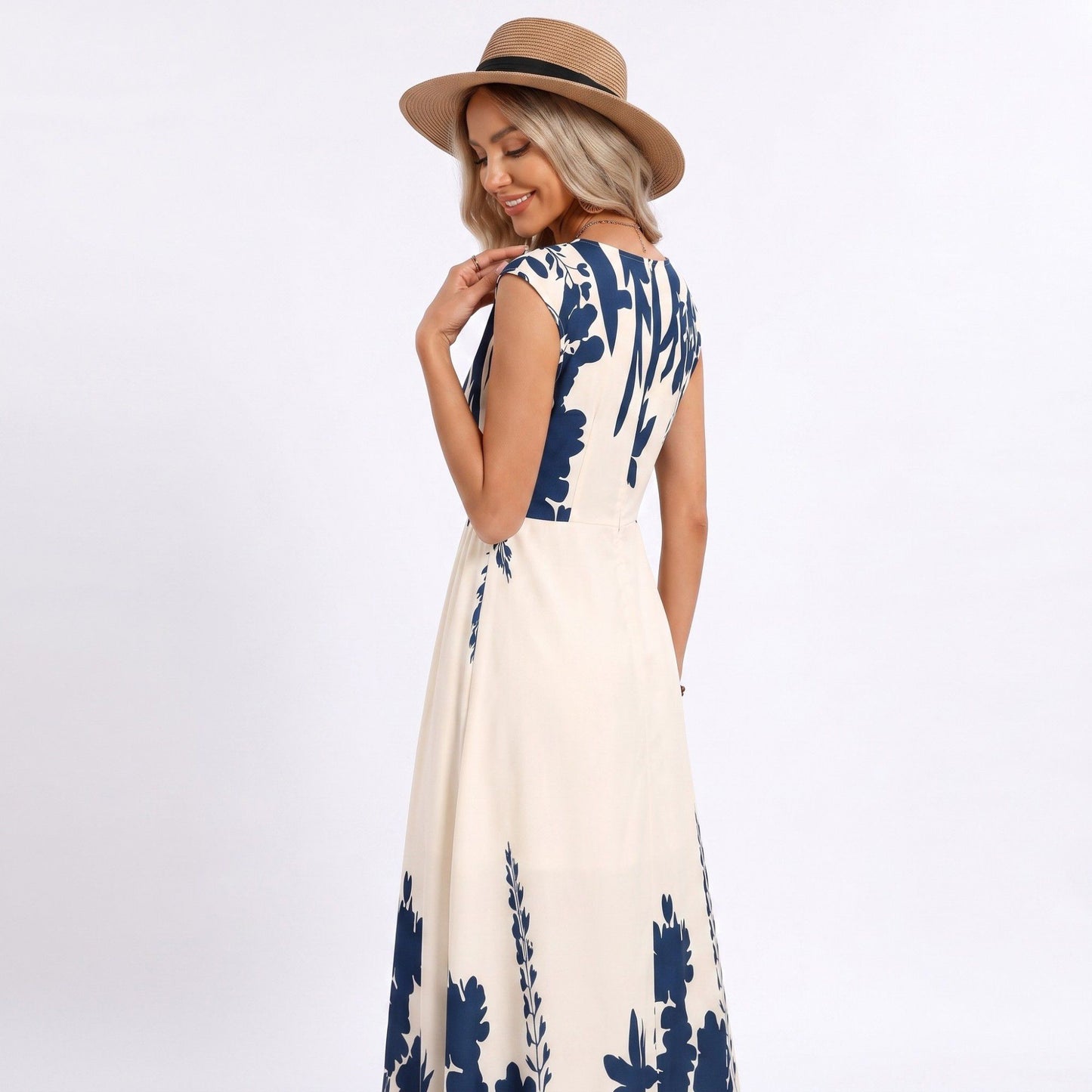 Border Print Maxi Dress Square Neck Sleeveless A Line Dress