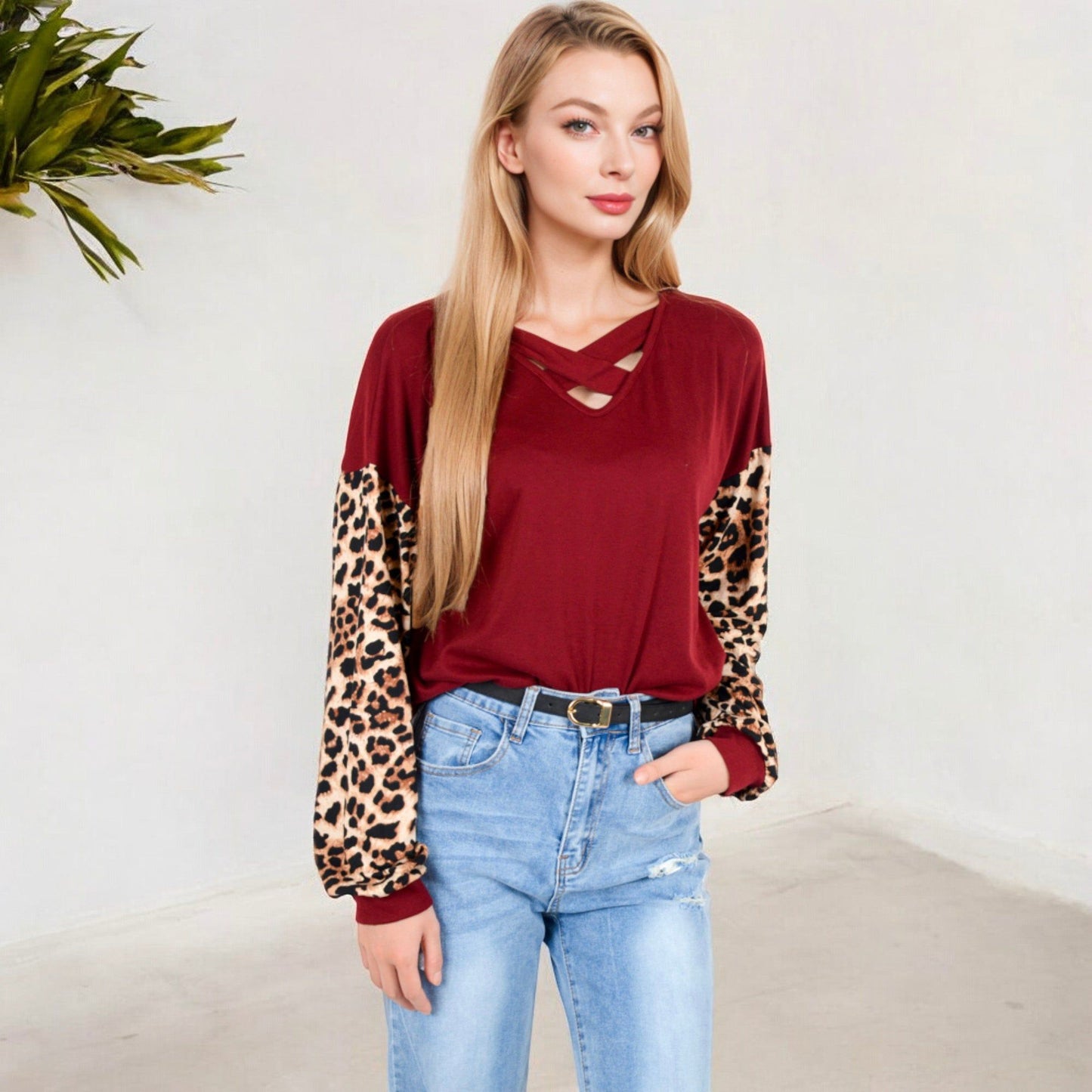 Crisscross V-Neck Top with Leopard Print Sleeves