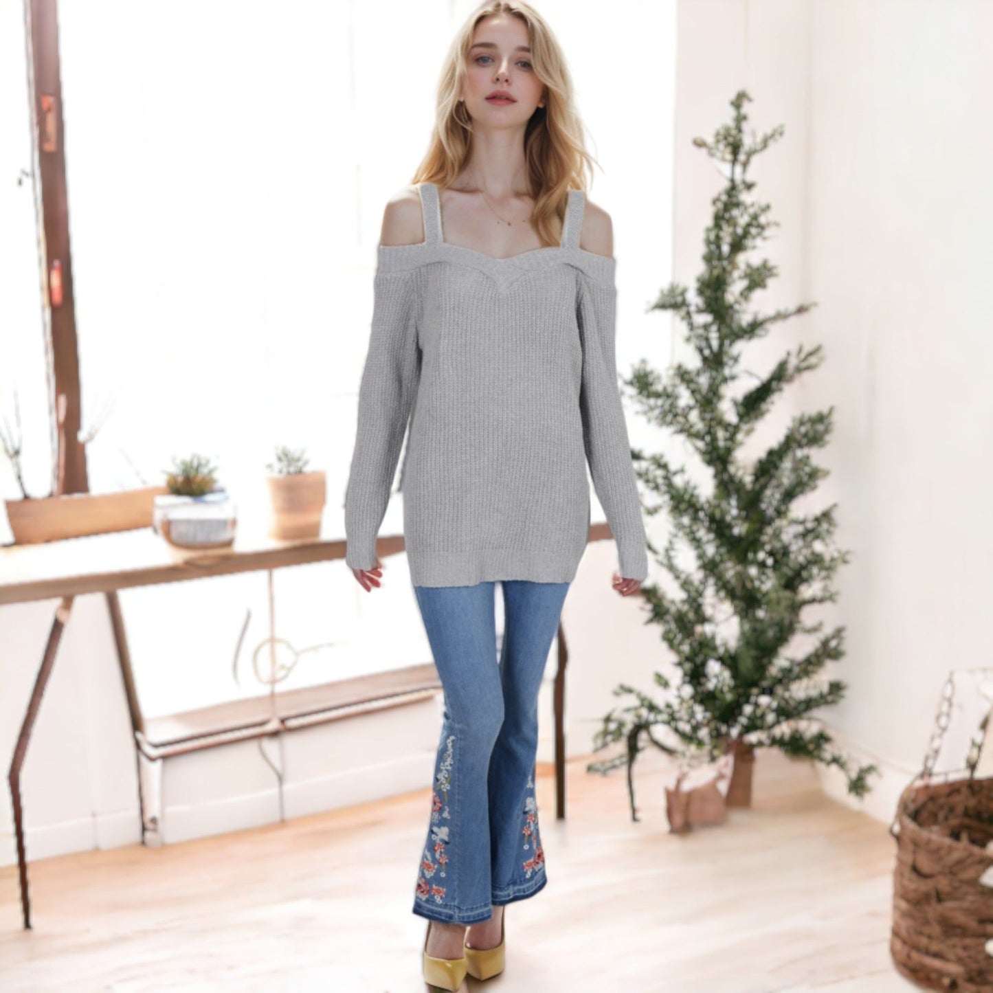 Long Sleeve Cold Shoulder Knit Pullover Sweater