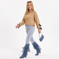 Pointelle Knit Bow Sleeve Crew Neck Long Sleeve Sweater
