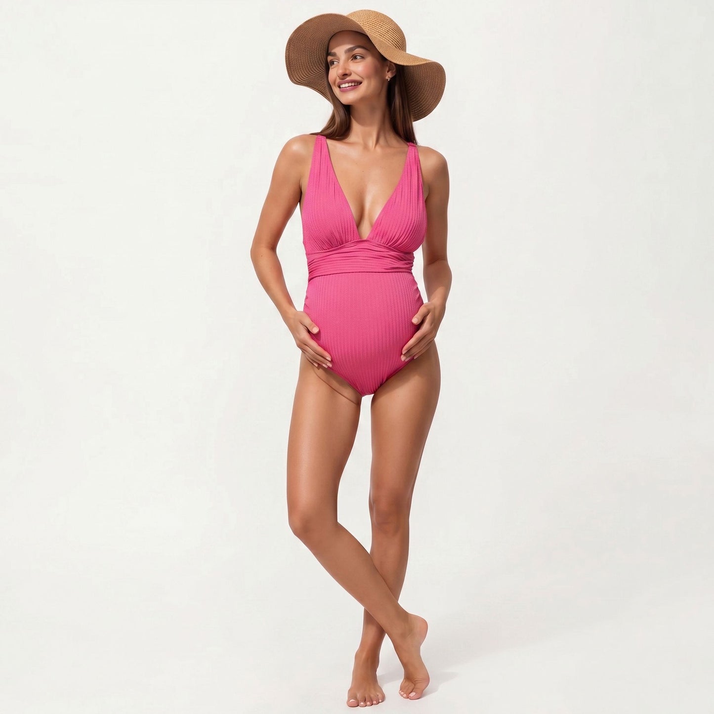 Maternity Ribbed One-Piece Swimsuit with Plunging Neckline and Ruched Waist