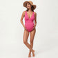 Maternity Ribbed One-Piece Swimsuit with Plunging Neckline and Ruched Waist