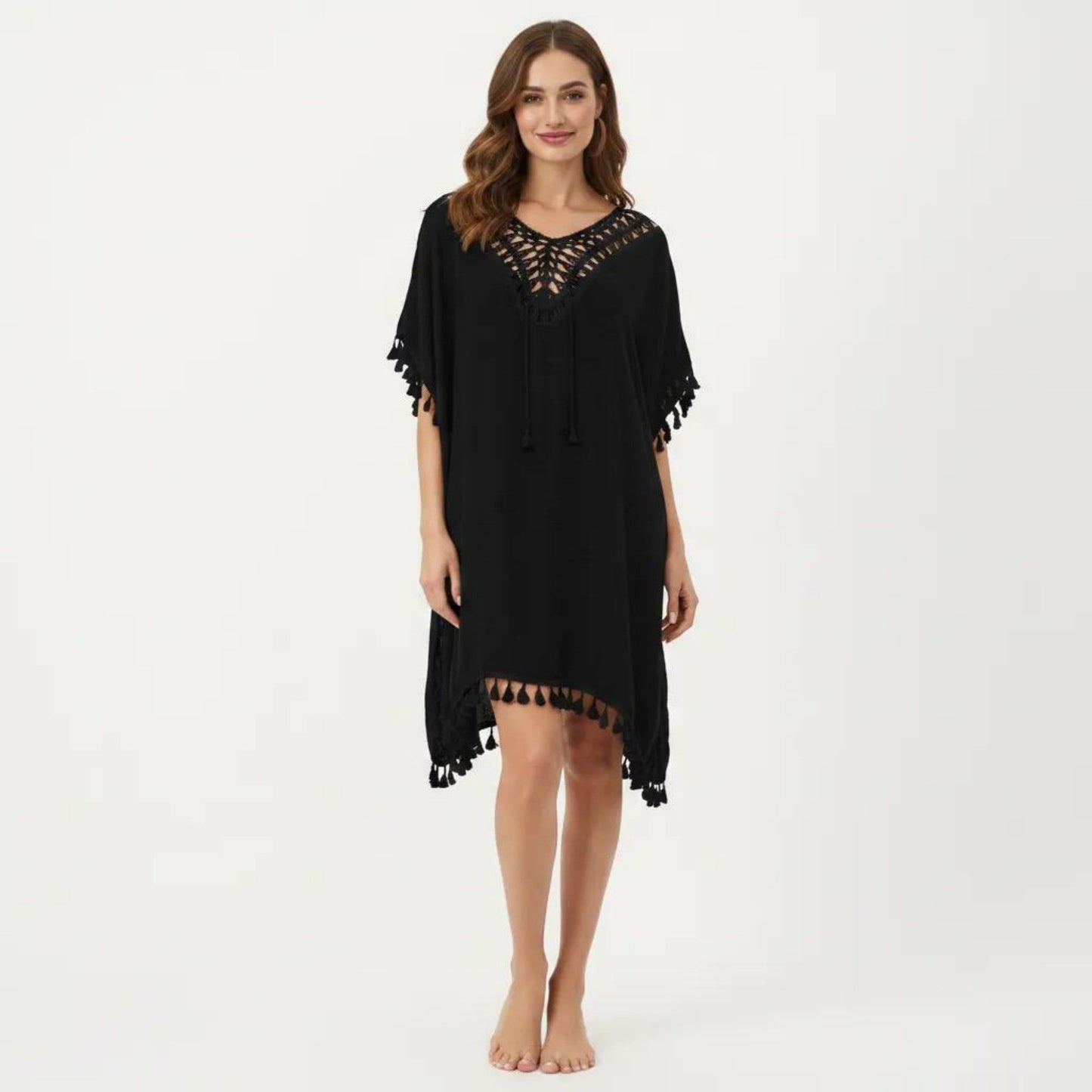 Sheer Crochet V Neck Swim Cover Up Poncho with Tassel Trim and Flowy Silhouette
