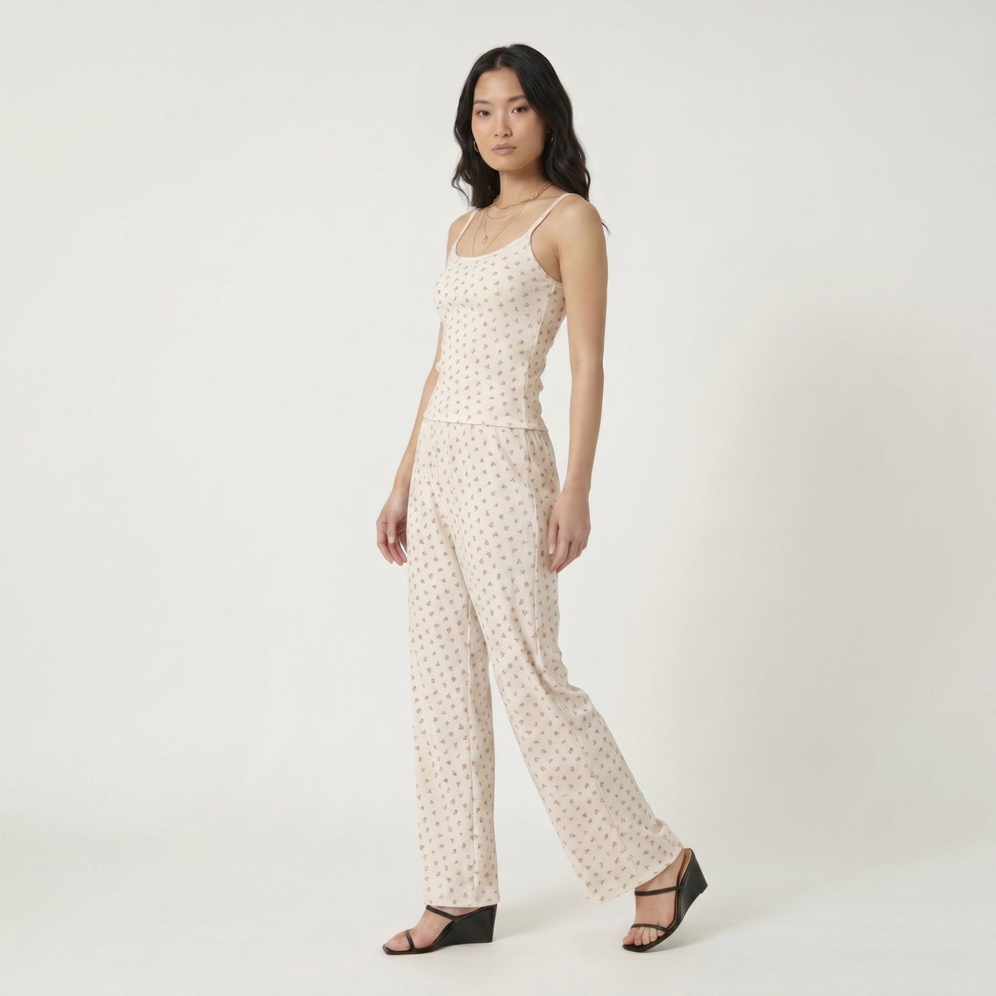 2-Piece Floral Cami Top and Wide Leg Pants Sleepwear Lounge Set with Slim Straps and Relaxed Soft Knit Fit
