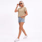 Short Sleeve Sweater Top Scallop Trim Crew Neck Knit Blouse