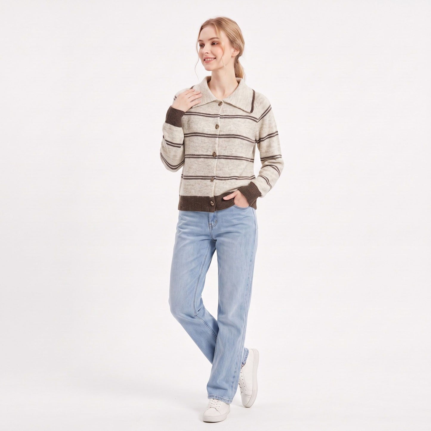 Striped Collared Button-Front Cardigan Sweater