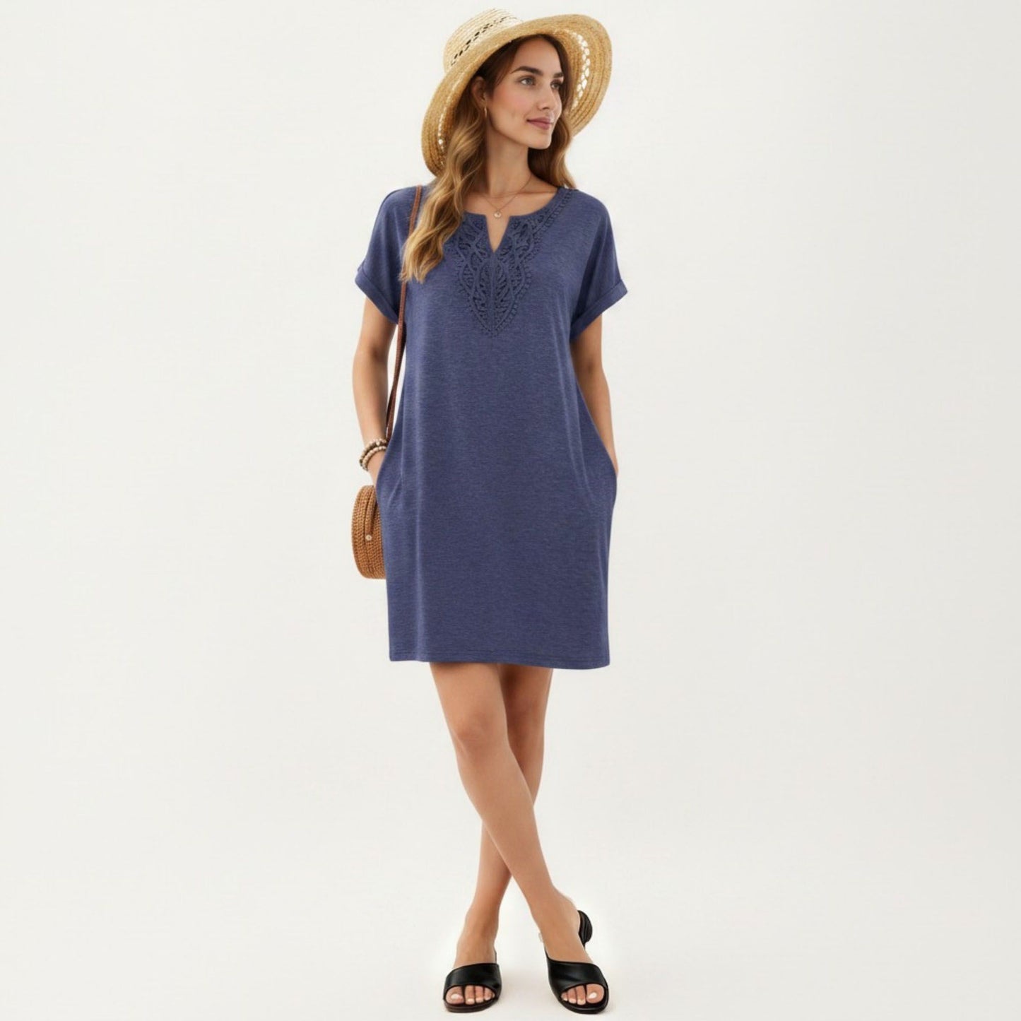 Short Sleeve Shift Dress with Split V Neck Embroidered Detail Relaxed Fit Casual Tunic Dress