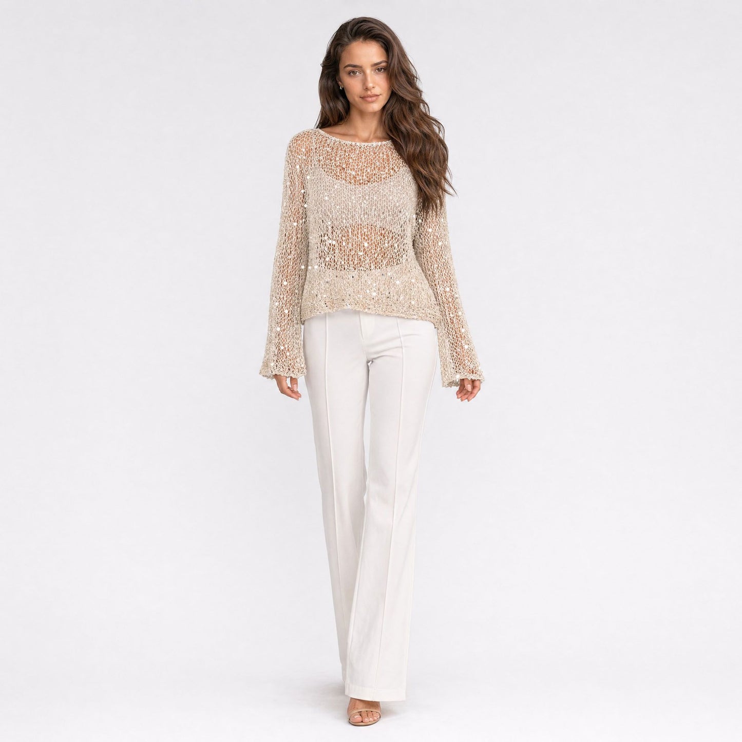 Sequin Open Knit Long Sleeve Sheer Pullover Top