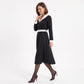 Contrast Collar Belted Midi Dress Long Sleeve Button Front Fit and Flare