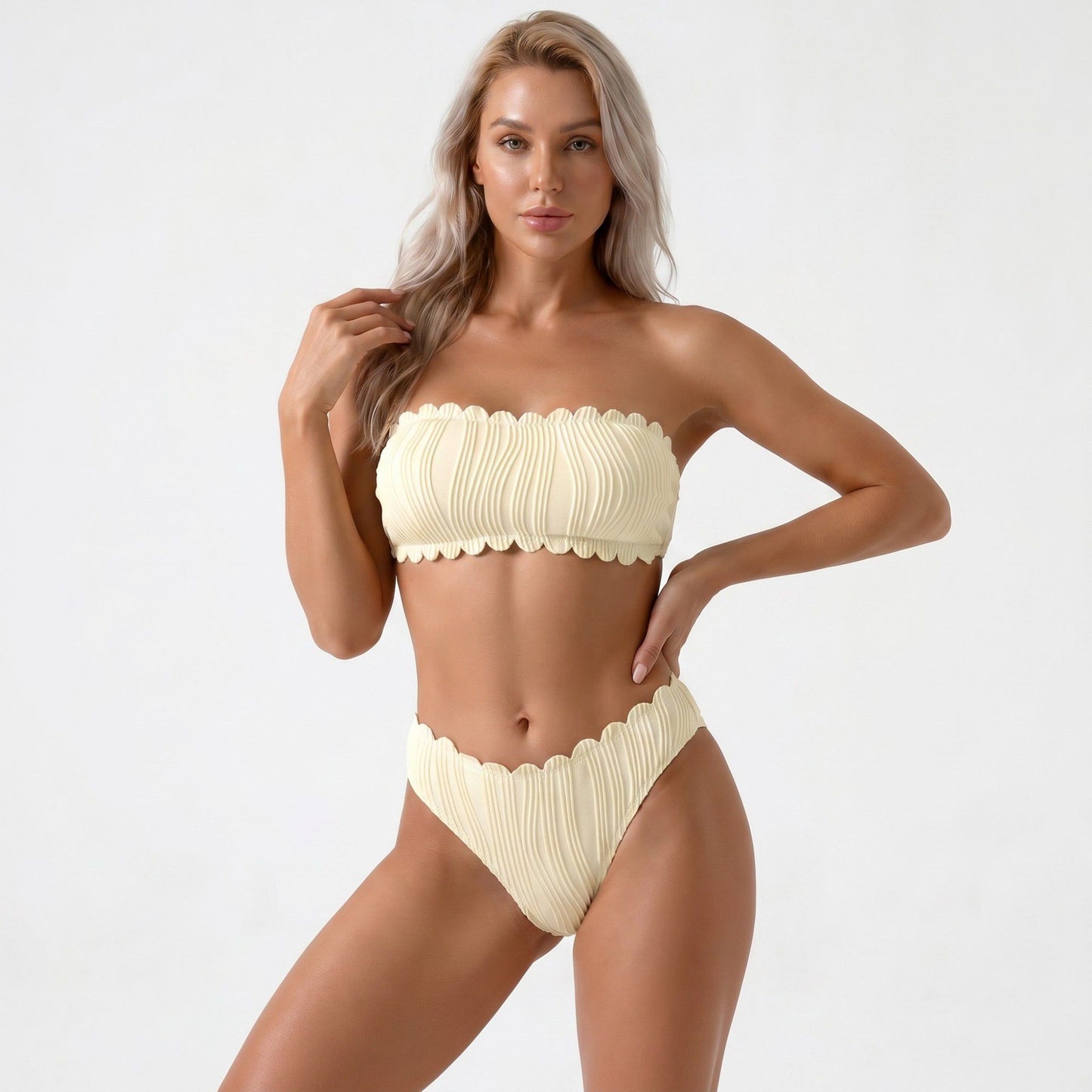Bandeau Bikini Set with Textured Pleated Fabric and Scalloped Trim