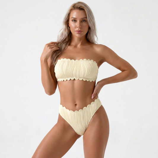 Bandeau Bikini Set with Textured Pleated Fabric and Scalloped Trim