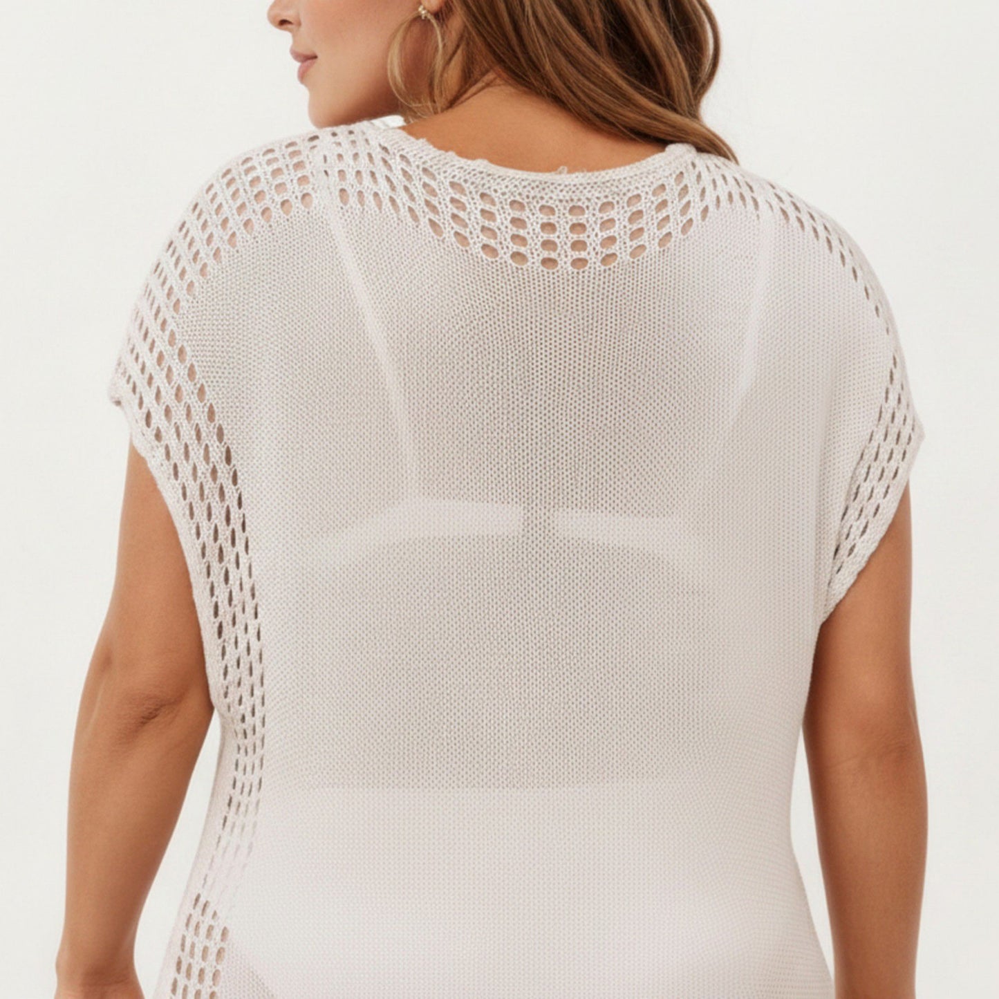 Knit Swim Cover Up Dress with Tassel Tie Neck Open Knit Trim and Relaxed Short Sleeves