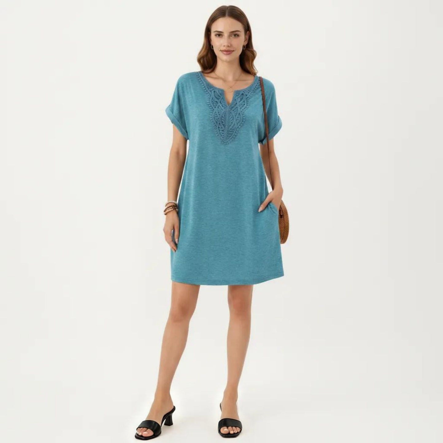 Short Sleeve Shift Dress with Split V Neck Embroidered Detail Relaxed Fit Casual Tunic Dress