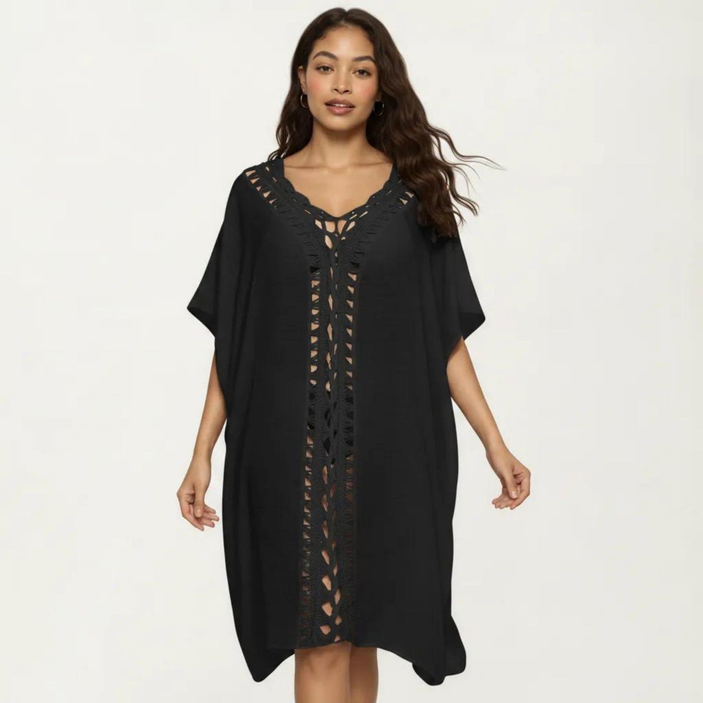 Crochet Trim Swim Cover Up Dress Loose Short Sleeve Lightweight Beach Kaftan