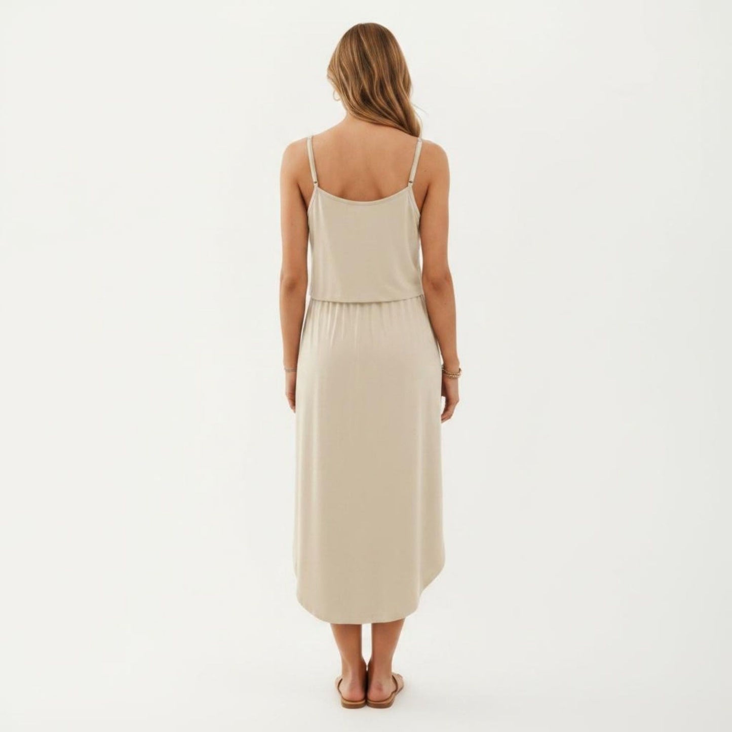 Sleeveless Midi Dress with Spaghetti Straps and Adjustable Drawstring Waist Relaxed Fit Silhouette