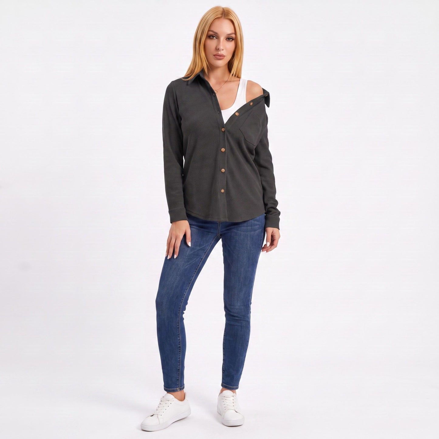 Textured Button Front Long Sleeve Shirt with Chest Pocket