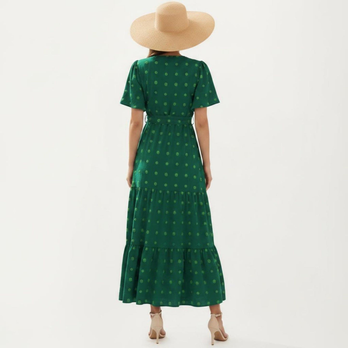 Short Sleeve Maxi Dress with Wrap Front Waist Tie and Tiered Skirt