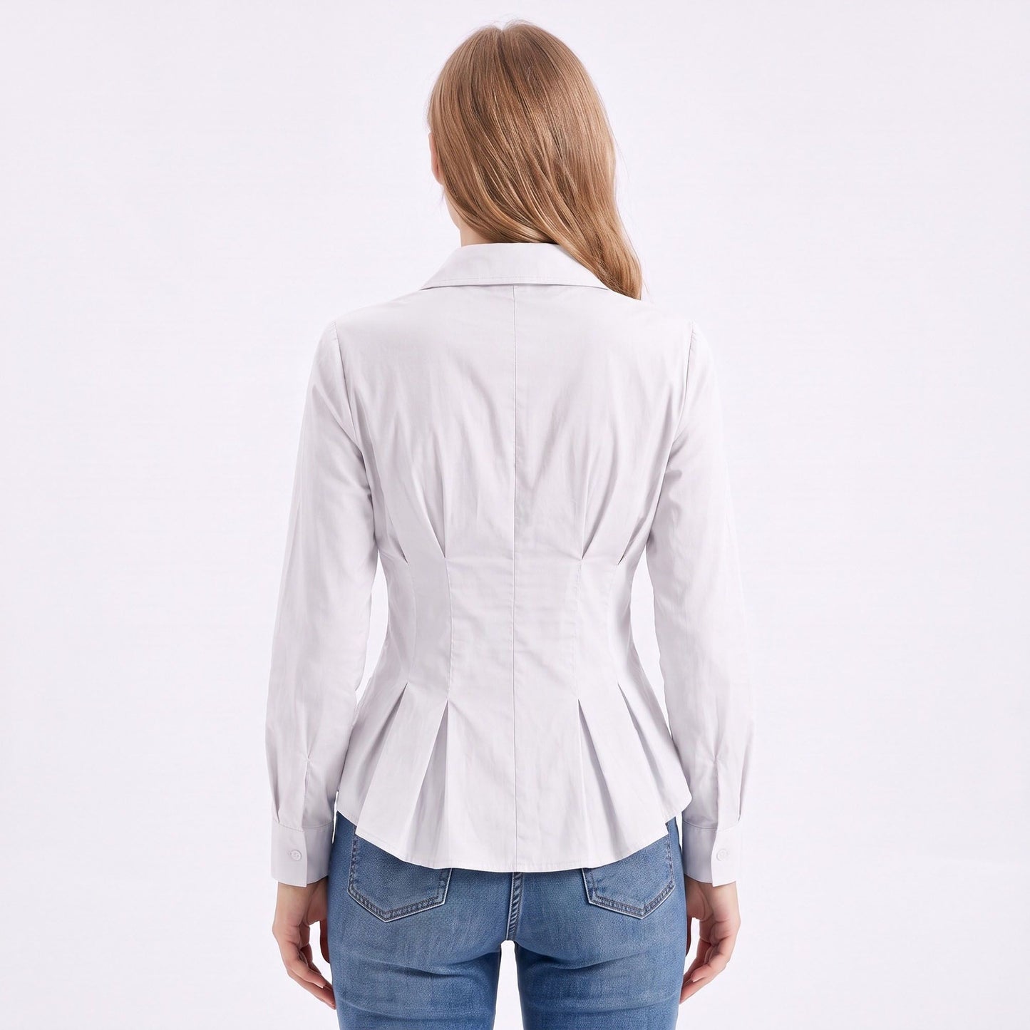 Long Sleeve Button Down Peplum Shirt with Collared Neckline