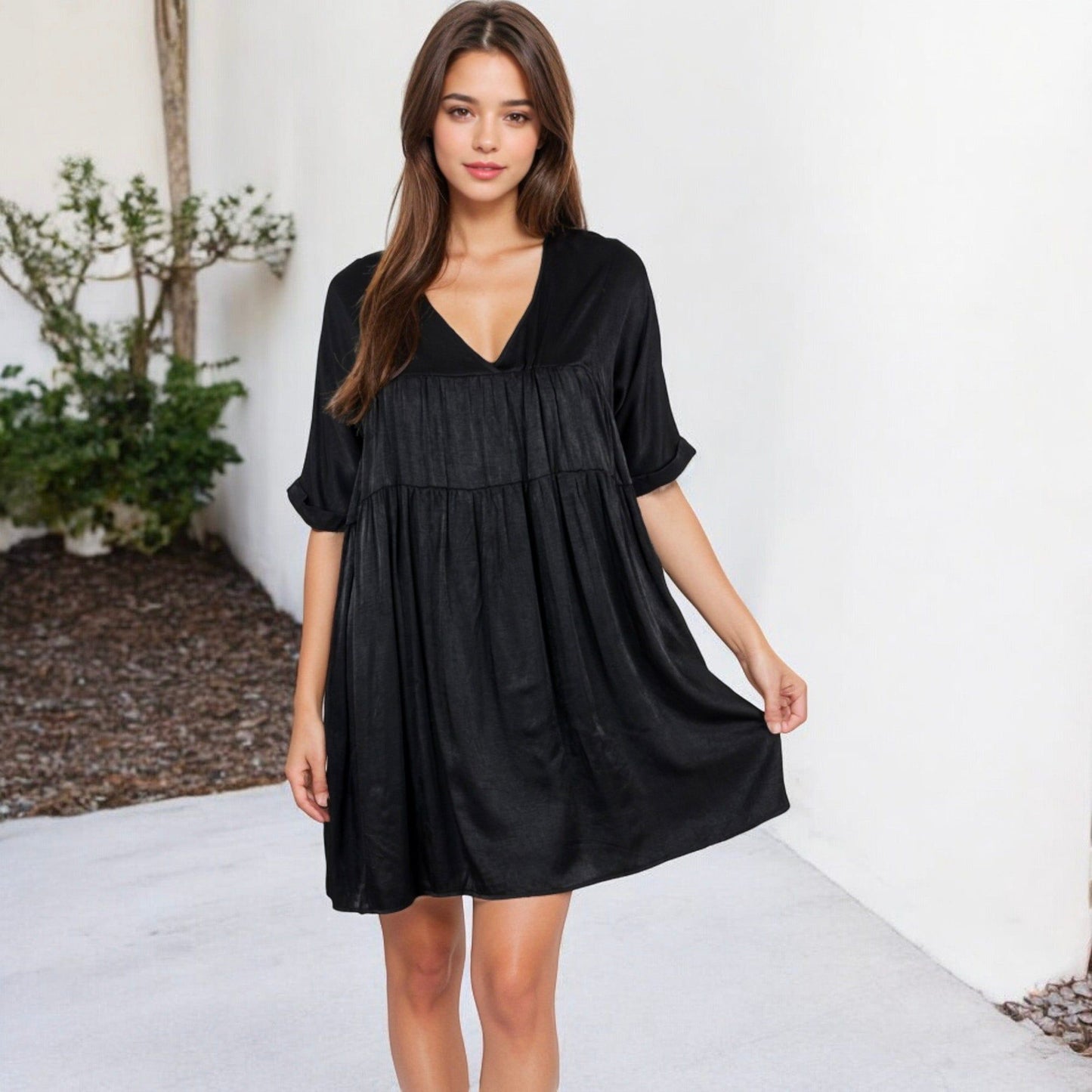 V-Neck Short Sleeve Babydoll Dress with Flowing Silhouette