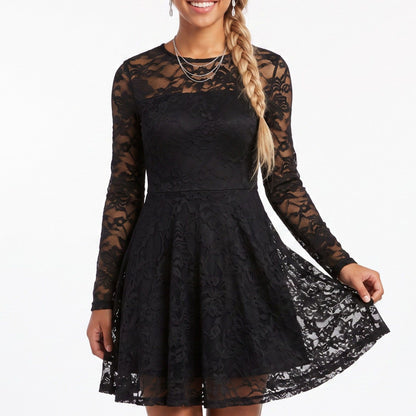Floral Lace Mini Dress Sheer Long Sleeve Crew Neck Fit and Flare