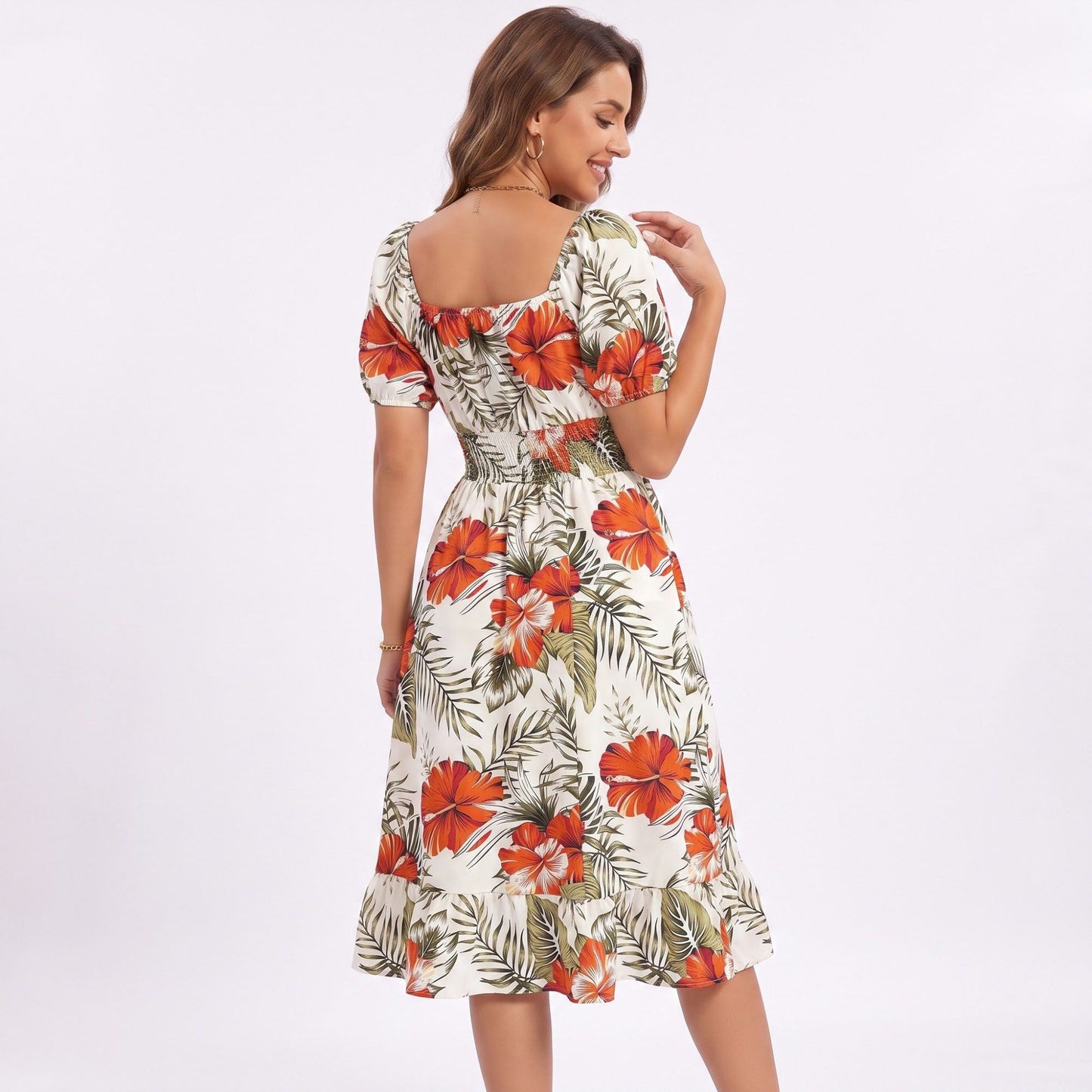 Tropical Floral Square Neck Smocked Waist Midi Dress