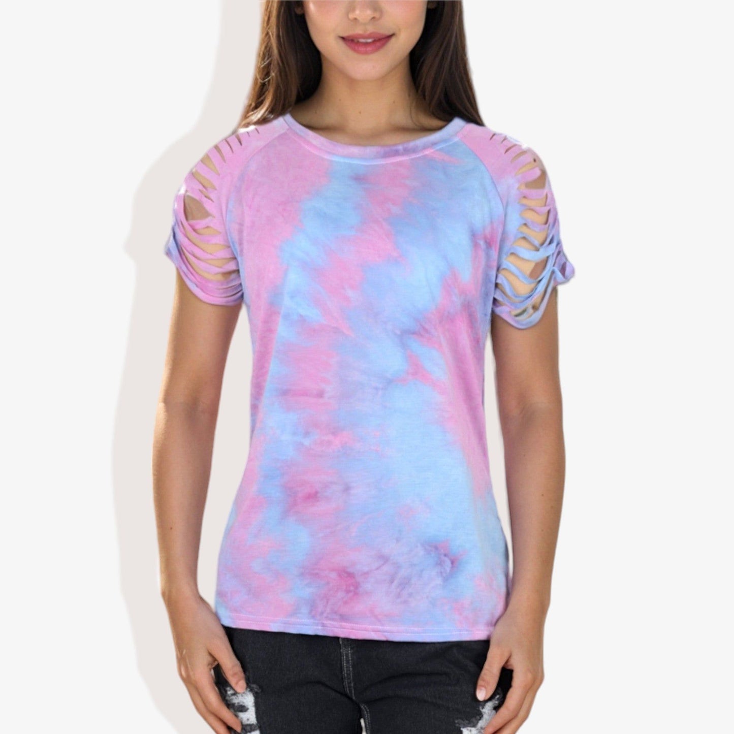 Short Sleeve Tie-Dye Top with Cut-Out Shoulder