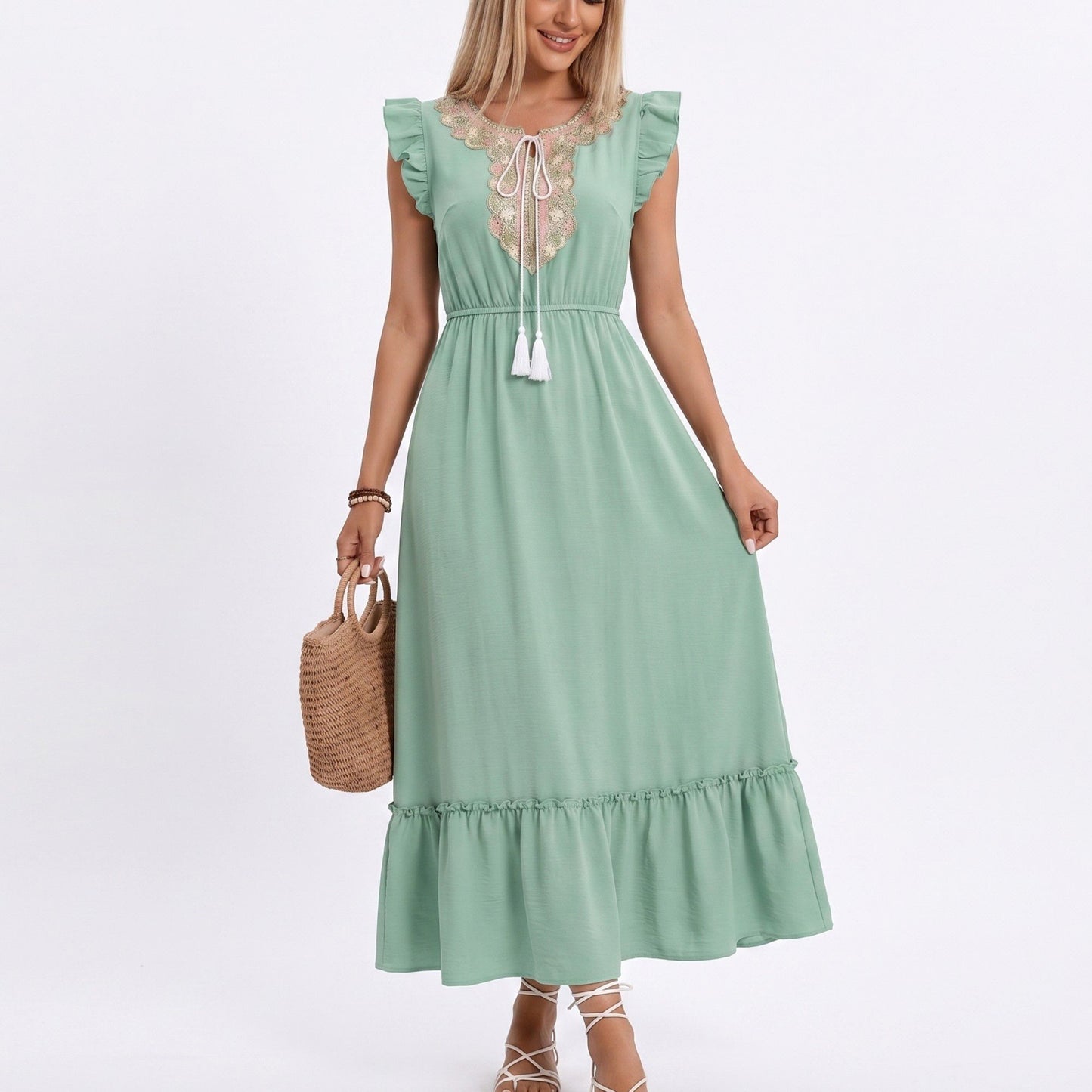 Lace Trim Midi Dress Ruffle Sleeve Tie Neck Tiered Hem Dress